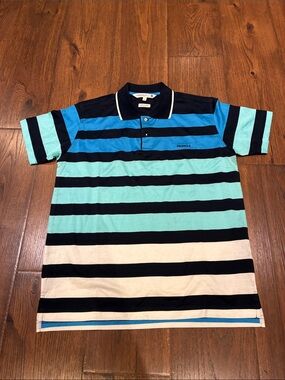 Pringle Horizontal Stripe Polo in Black, Blue, Teal & Cream